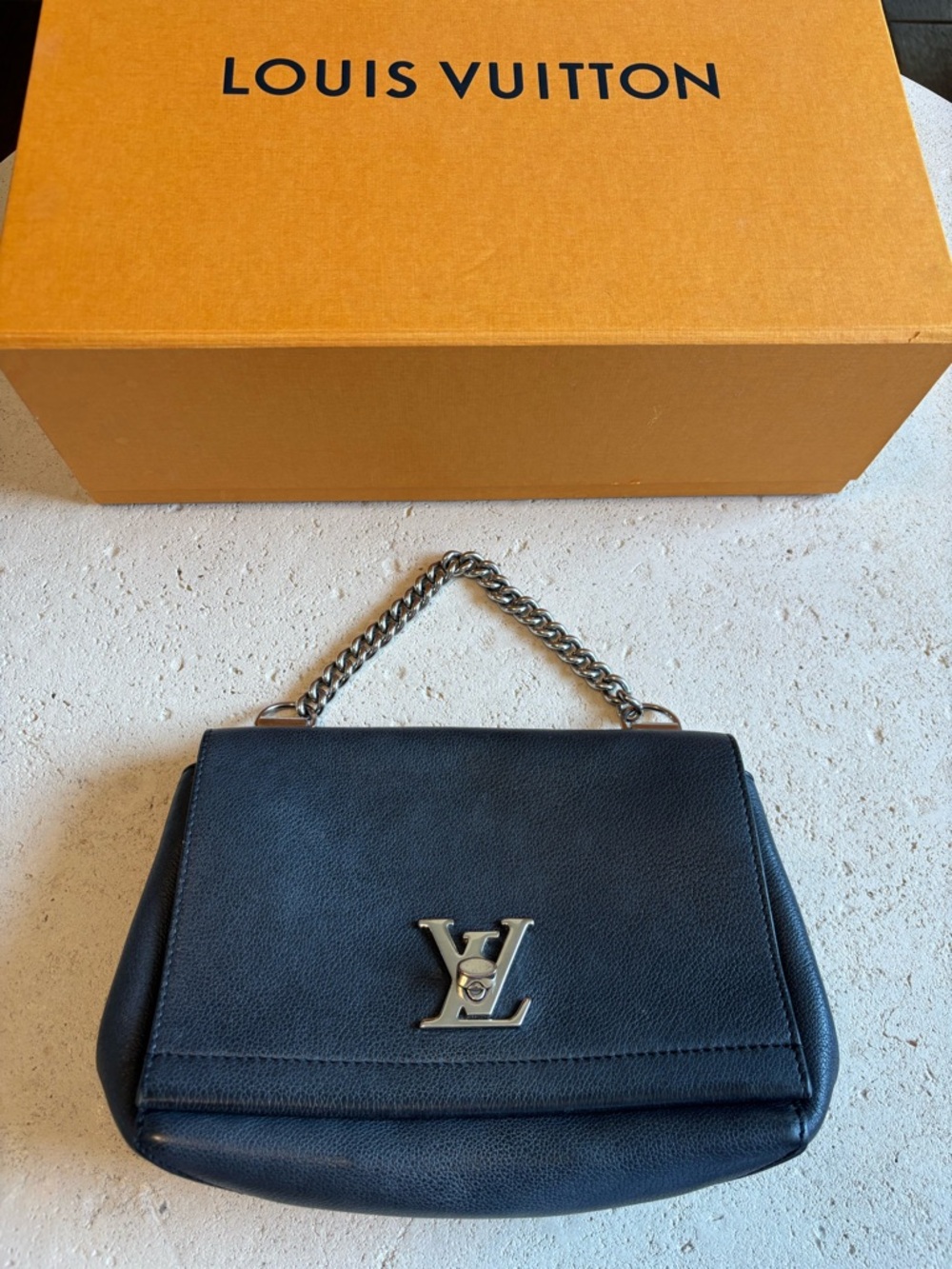 Louis Vuitton Black Leather Shoulder Bag with Silver LV Chain Handle